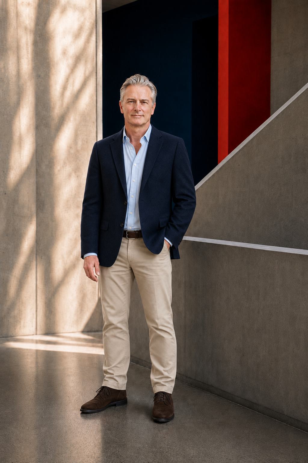 Steve Kazanjian standing in a sunlit modern architectural setting